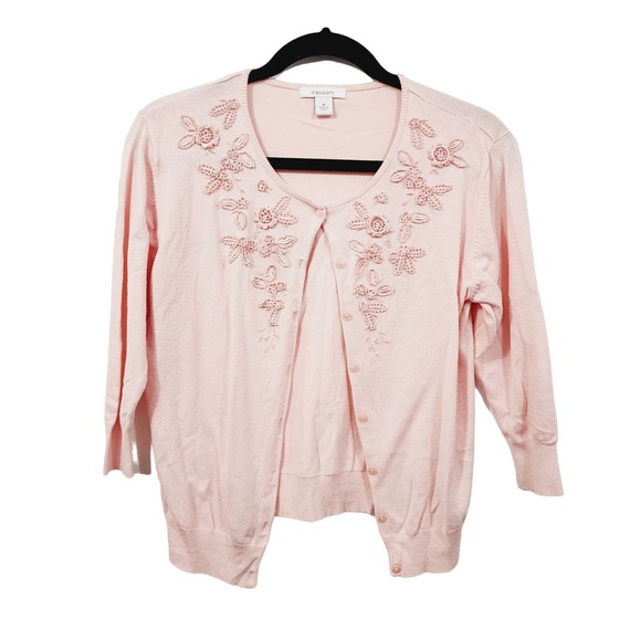 Dressbarn Pink Floral Beaded Applique Crop Button Front Cardigan Sweater Size M - Picture 1 of 12